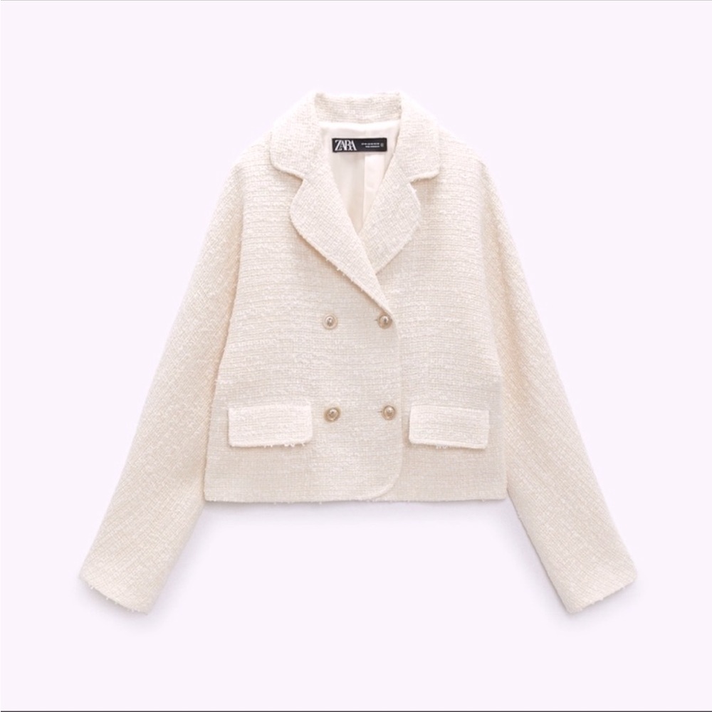 ZARA textured cropped white blazer jacket with gold buttons, NWT